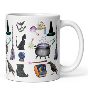 Witch mug Halloween Fall Autumn Mug Witches Magic Spell Cauldron Black Cat Raven Bats Goblincore