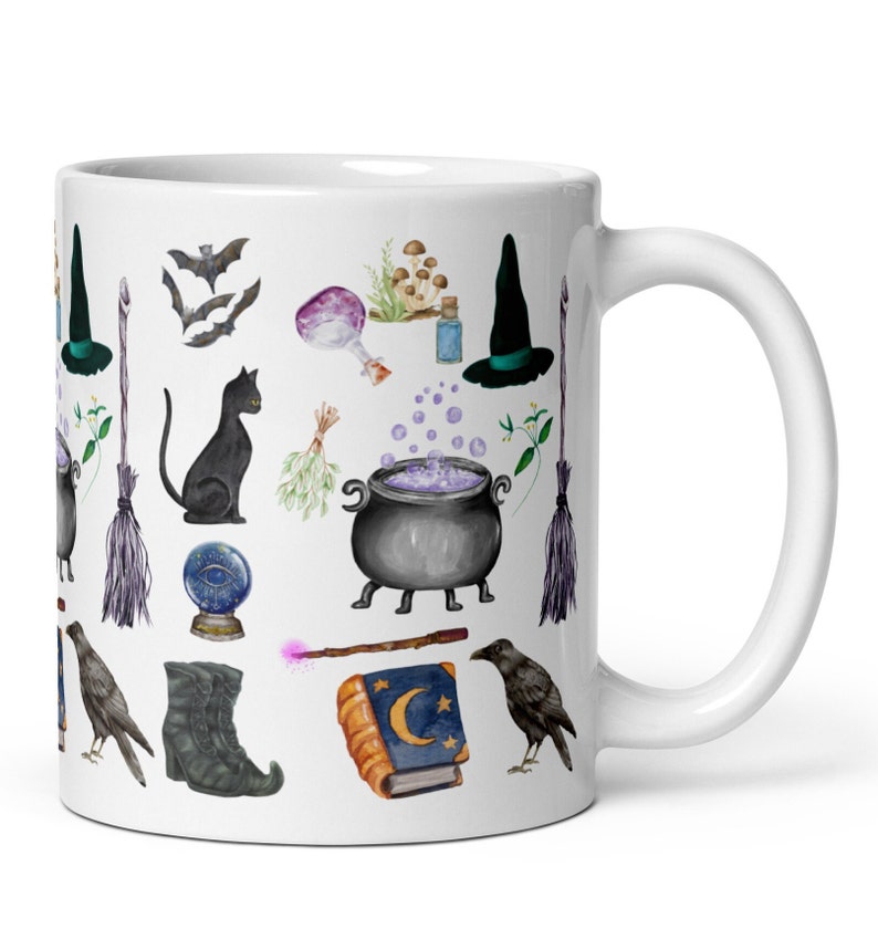 Witch mug Halloween Fall Autumn Mug Witches Magic Spell Cauldron Black Cat Raven Bats Goblincore