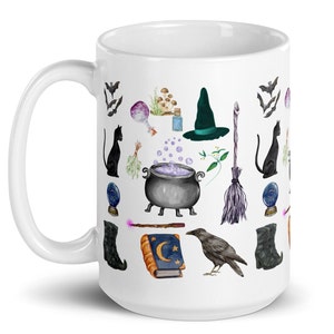 Witch mug Halloween Fall Autumn Mug Witches Magic Spell Cauldron Black Cat Raven Bats Goblincore