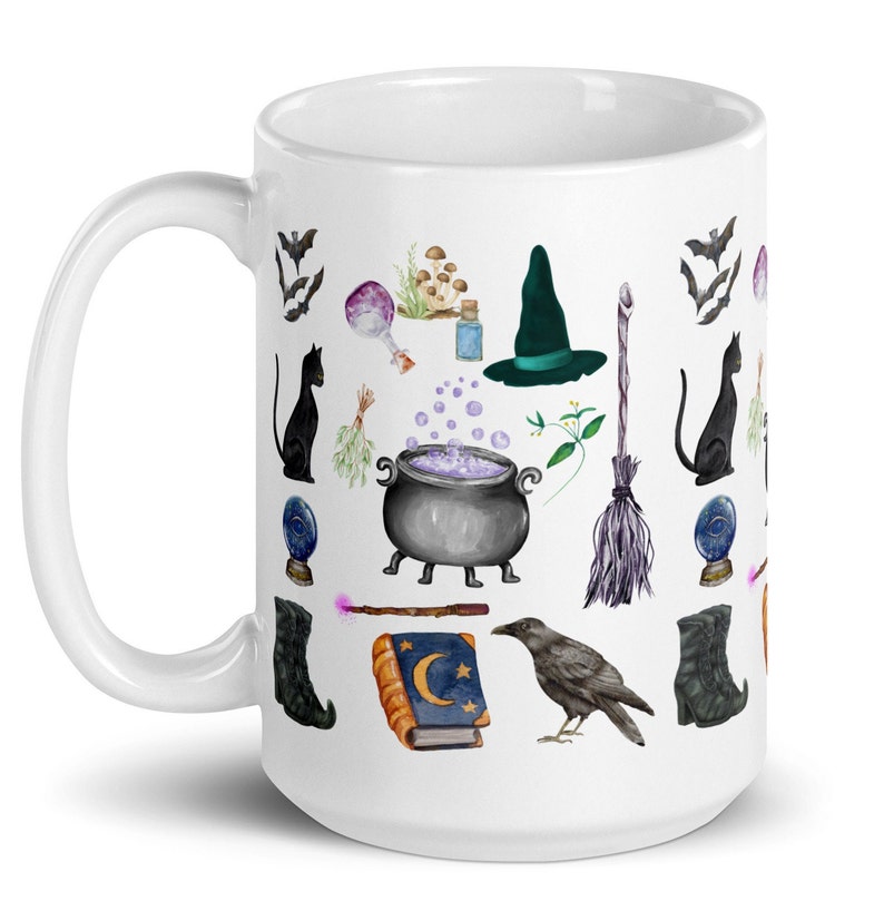 Witch mug Halloween Fall Autumn Mug Witches Magic Spell Cauldron Black Cat Raven Bats Goblincore