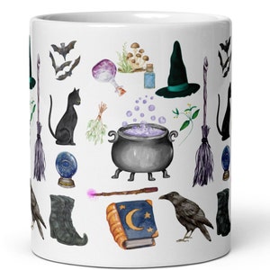 Witch mug Halloween Fall Autumn Mug Witches Magic Spell Cauldron Black Cat Raven Bats Goblincore