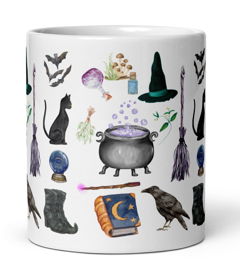 Witch mug Halloween Fall Autumn Mug Witches Magic Spell Cauldron Black Cat Raven Bats Goblincore