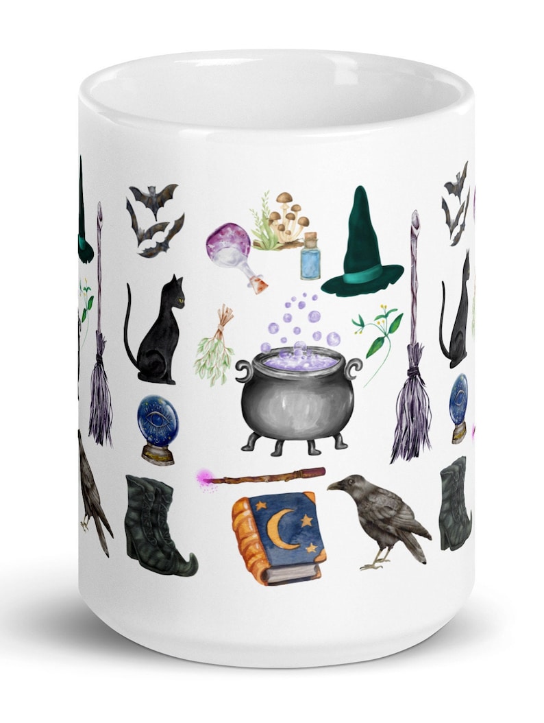 Witch mug Halloween Fall Autumn Mug Witches Magic Spell Cauldron Black Cat Raven Bats Goblincore
