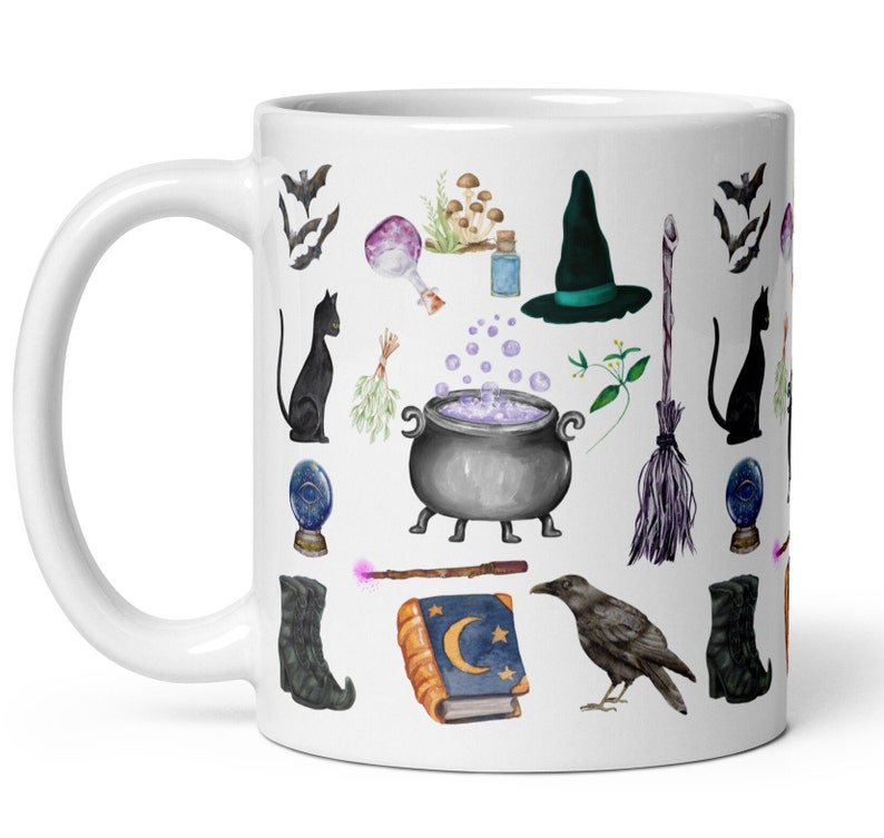 Witch mug Halloween Fall Autumn Mug Witches Magic Spell Cauldron Black Cat Raven Bats Goblincore