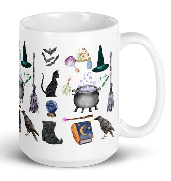 Witch Mug Witch Lover Gift Witches Magic Spell Mug Cauldron Black Cat Raven Bats Goblincore Mug Cottagecore Halloween Fall Gift Witchy Mug