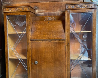 Art deco oak side by side, desk, bookcase, leaded glass