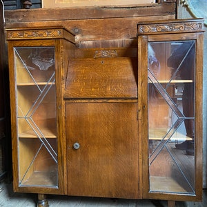 Art deco oak side by side, desk, bookcase, leaded glass