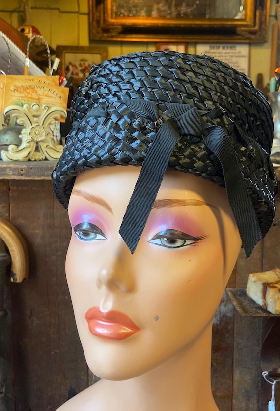 Vintage Black Woven Pillbox Hat Vintage Black Woven Pillbox Hat With Pin, Mr Kurt Original  main image 4