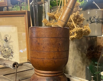 Antique wooden Mortar and pestle - primitive - hand turned wood - farmhouse - primitive kitchen decor