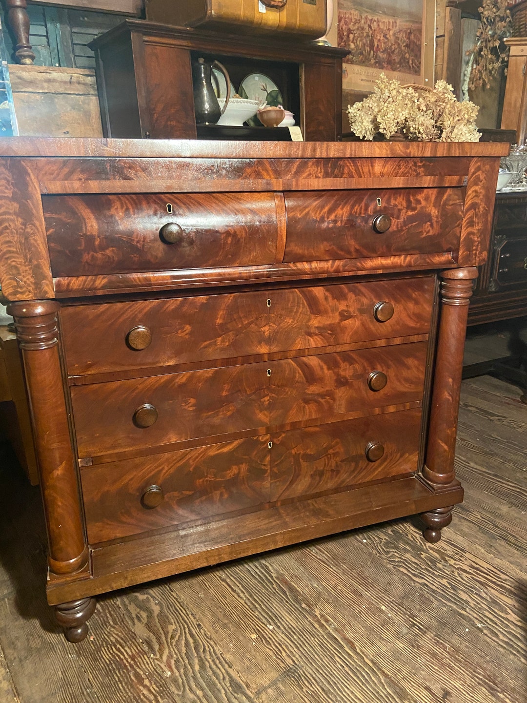 Empire Style Dresser, Flame Mahogany, American Empire Chest of Drawers