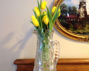 Antique American Brilliant Cut Crystal Pitcher, Geometric Design (12 inch)