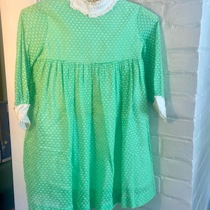 vintage 1960s girls dress, Moppets, baby doll style, green and white, button back,  long sleeve