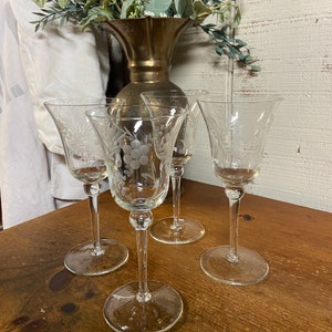 Vintage crystal stemware, set 4, etched, flowers