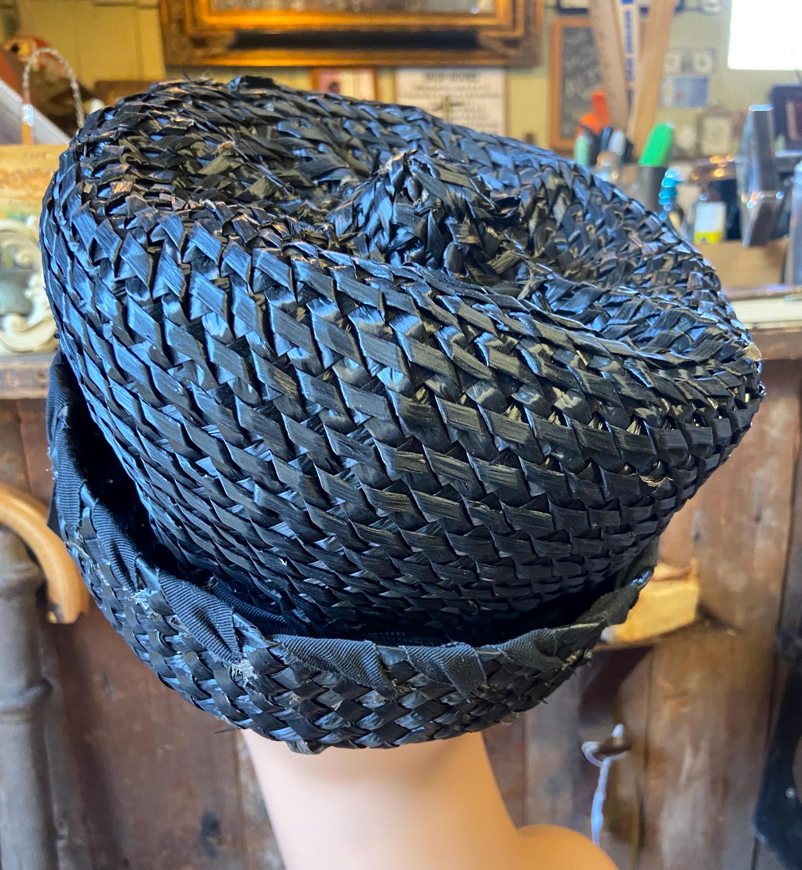 Vintage Mr. John Black Woven Pillbox Hat: 1950s-60s 