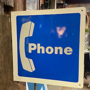 Vintage Blue & White Metal Phone Sign: Retro Industrial Decor