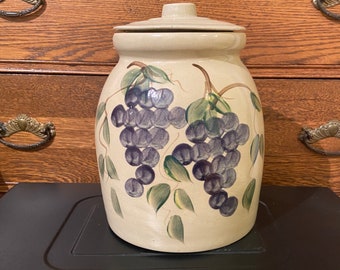 Vintage Stoneware Crock with Lid, Large Pottery Canister, Glazed Grapes Design, Rustic Farmhouse Decor