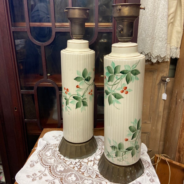 Vintage hand painted porcelain lamps, porcelain cylinder lamps, vintage table lamps, midcentury lamps