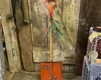 vintage childs snow shovel, red metal, porch decor