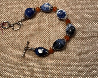 Sterling Silver Sodalite Beaded Bracelet: Blue & White Stone, 8”