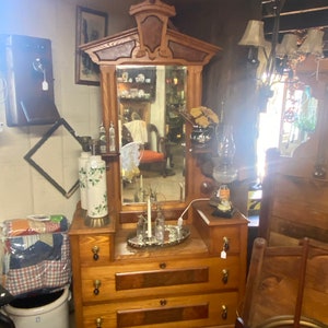 Antique Victorian Eastlake Dresser with Drop Front & Long Mirror – Carved Wood, Elegant Storage