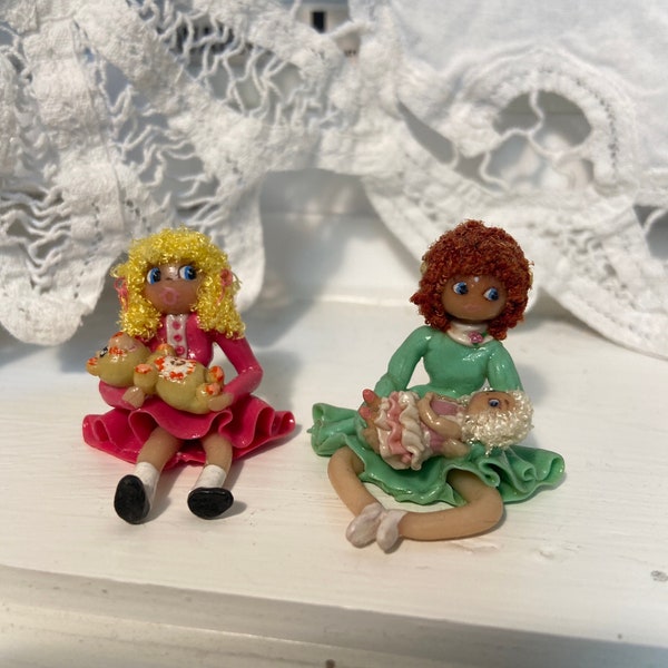 Vintage salt dough dolls, miniatures, girl with bear, girl with doll, handcrafted dough doll