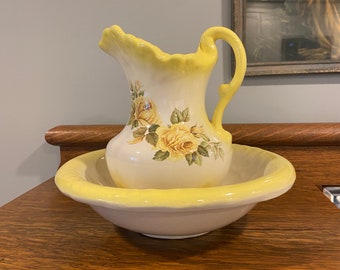 Vintage pitcher and bowl, 10" bowl, 8" tall pitcher, Yellow roses, yellow and white