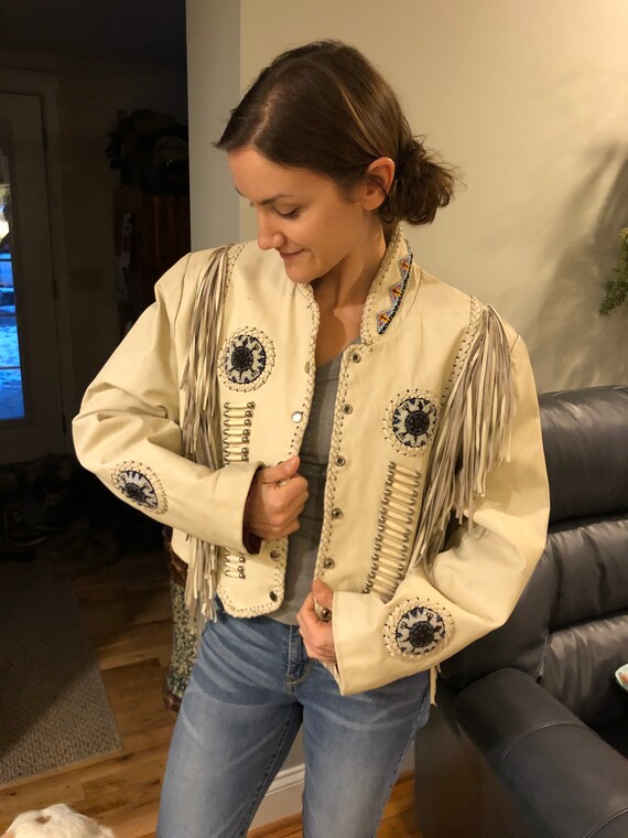 Vintage White leather jacket, fringed jacket, Nati