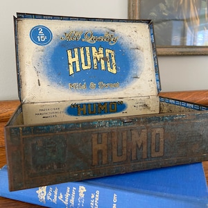 Vintage tin cigar box, blue vintage tin box, Humo cigar tin, craft storage, shelf box, office storage box, farmhouse decor, mancave decor