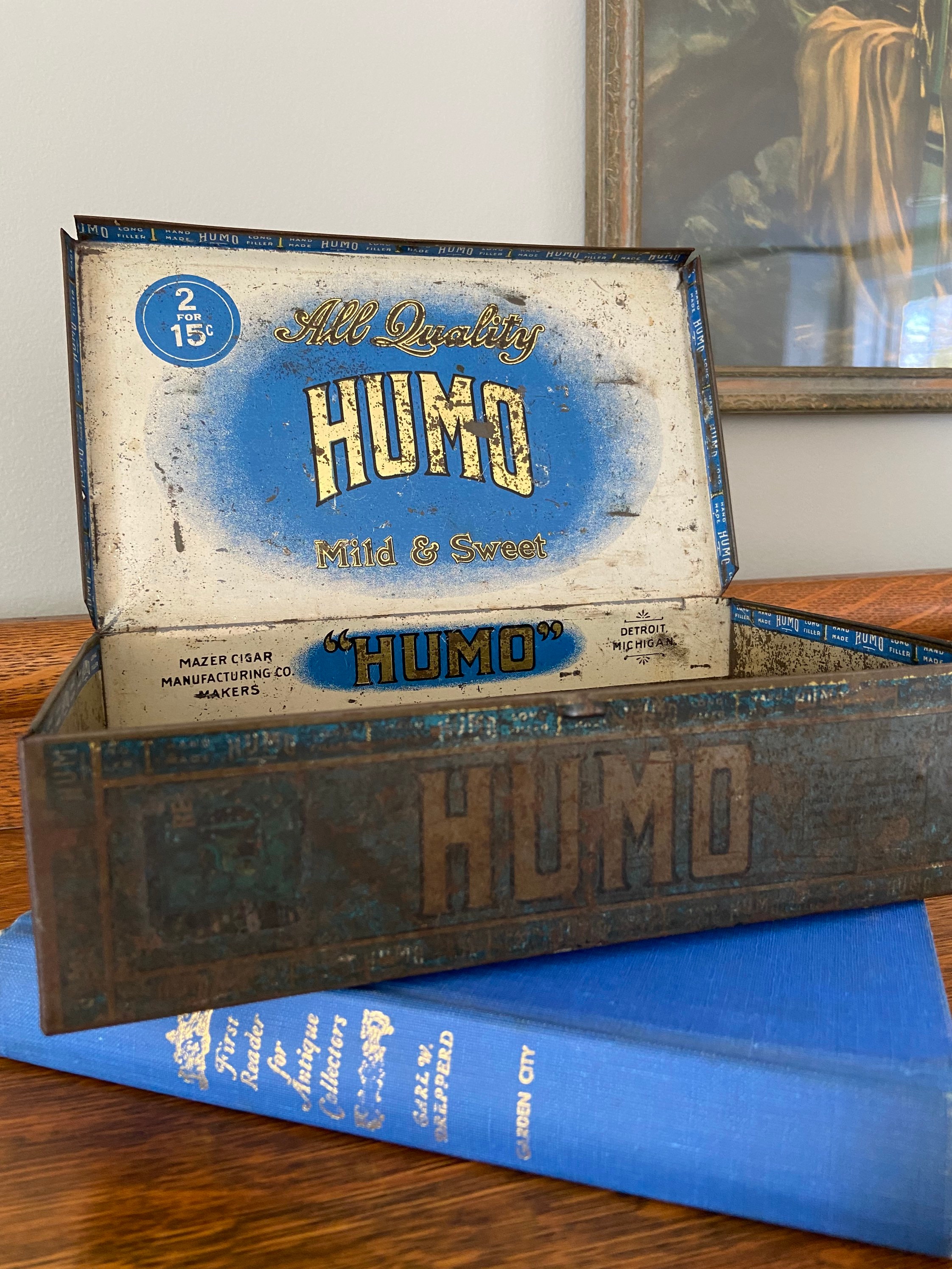 Vintage Tin Cigar Box, Blue Vintage Tin Box, Humo Cigar Tin, Craft 