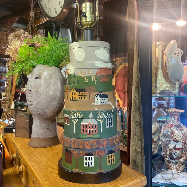 Folk art lamp, bentwood box lamp, primitive style, hand painted lamp