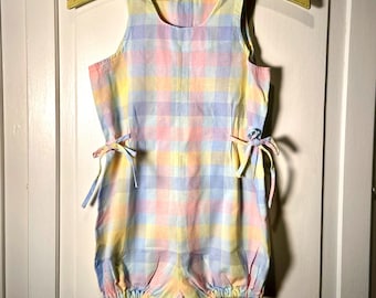 Vintage girls romper, Gay sprites Inc., pastel, plaid, girls size 6X , button shoulder
