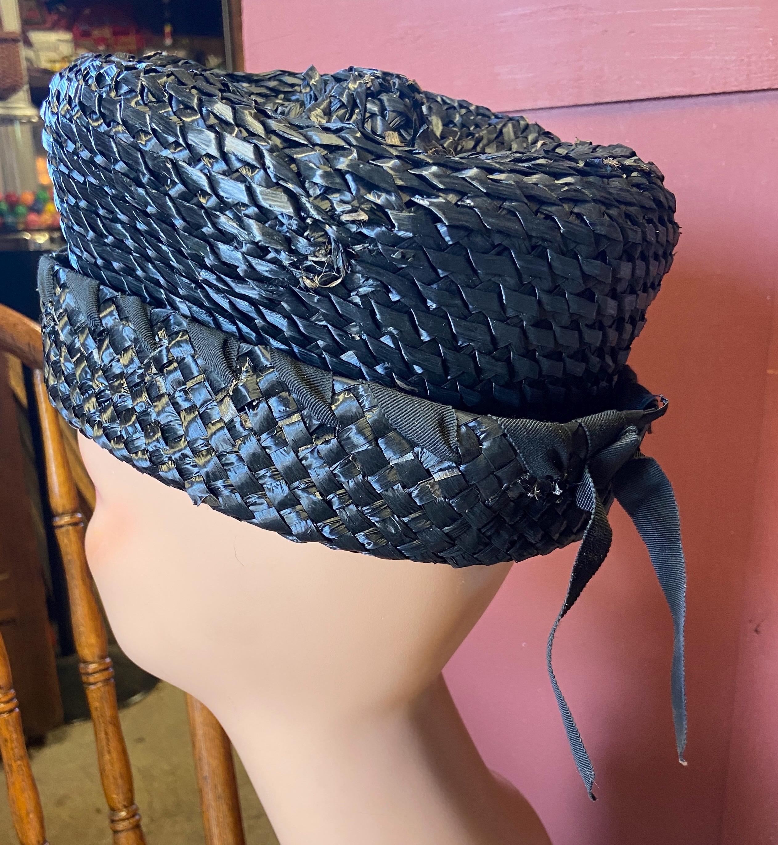 Vintage Mr. John Black Woven Pillbox Hat: 1950s-60s  display picture 3