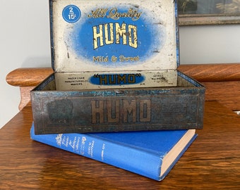 Vintage tin cigar box, blue vintage tin box, Humo cigar tin, craft storage, shelf box, office storage box, farmhouse decor, mancave decor