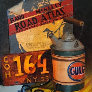 Road Trip - Vintage Gas Can, Map & Sunglasses Oil Painting Print on Archival Wrapped Canvas taken from my original