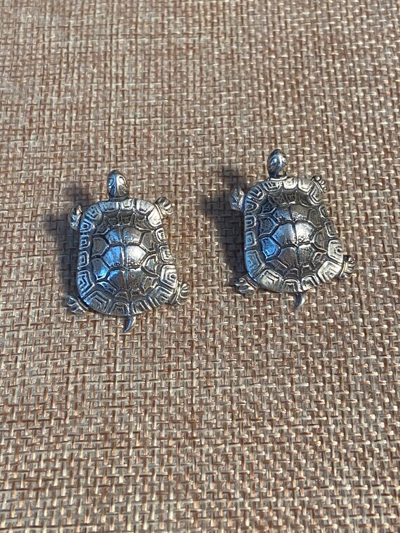 Sterling silver turtle earrings, clip on, Turtle … - image 3