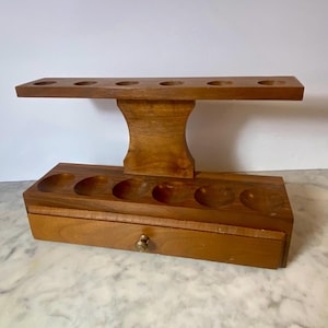 Vintage wooden pipe rack with drawer, 6 pipes, mid century modern