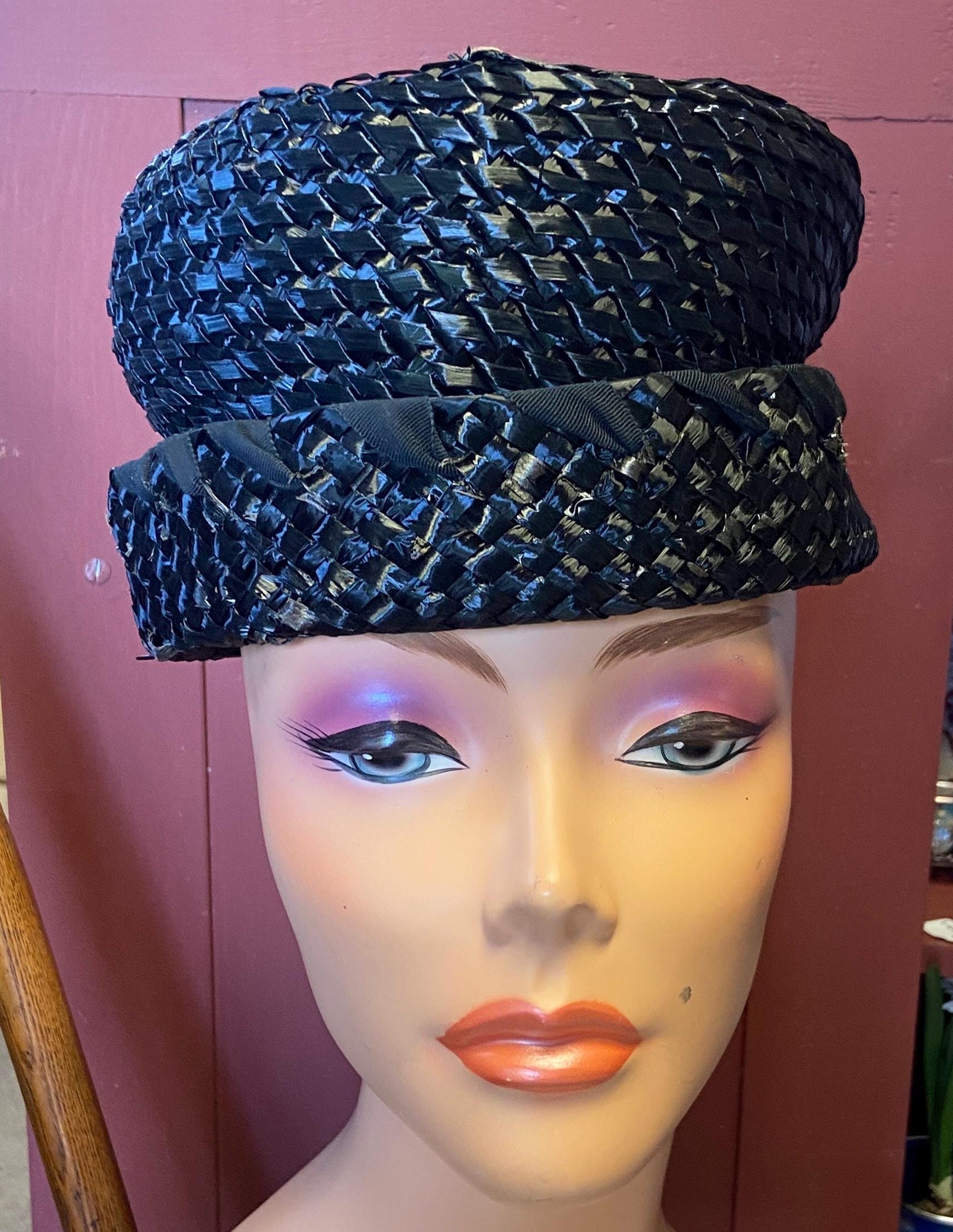 Vintage Mr. John Classic Black Woven Pillbox Style Hat with White Trim Pillbox Formal One Size Vintage Hats for Women for sale | eBay main image 2