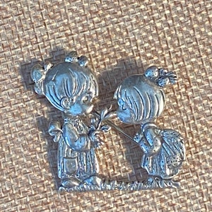 Sterling Silver Precious Moments Pin: Girls with Flowers Brooch