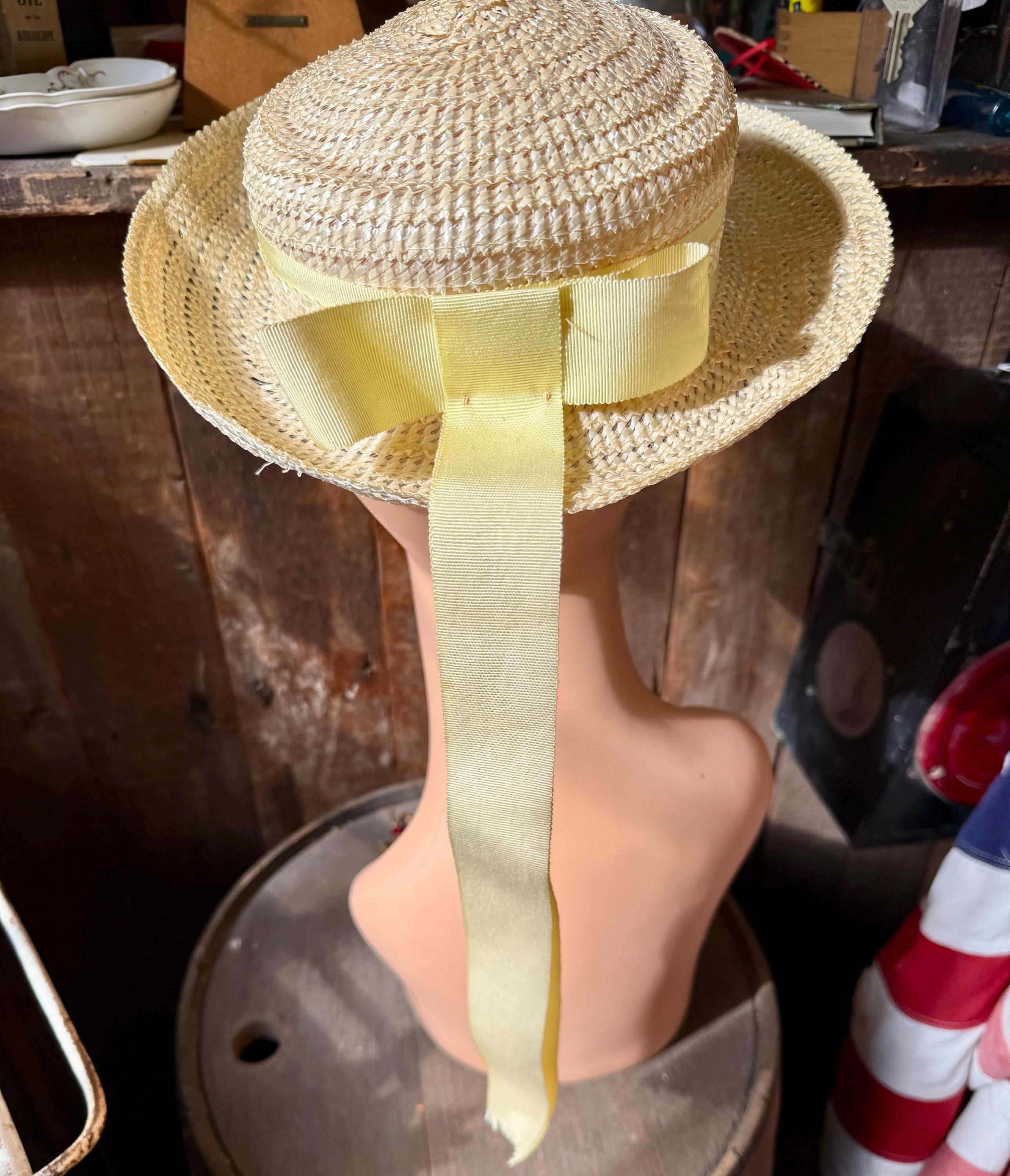 Vtg 1970\'s Women\'s Tan Hand Woven Straw Hat Curled Brim Yellow Grosgrain Ribbon Straw Hat Yellow Ribbon - Etsy main image 3