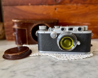 Vintage  DRP Ernst Leitz Wetzlar Camera, Elmar Lens, 35mm Screw Mount Rangefinder, German Film Camera w/ Leather Case, Leica II III