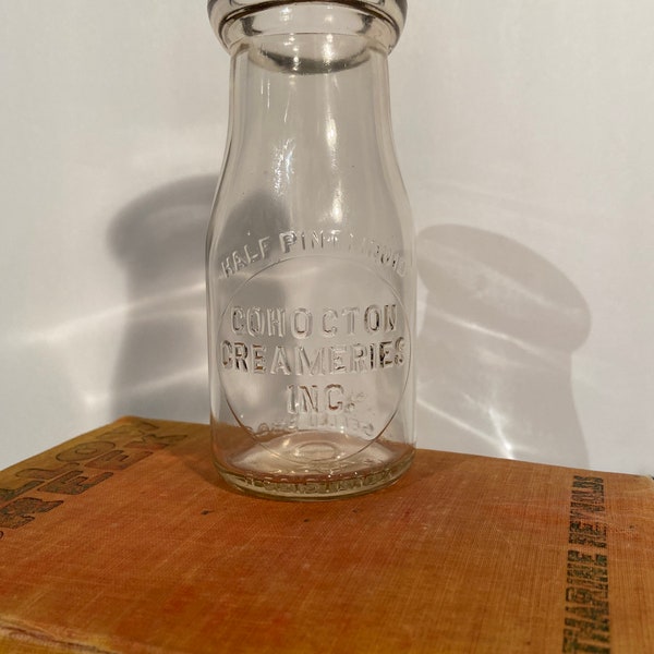 vintage milk bottle, 1940s, Cohocton creameries Inc, half pint liquid, duraglas bottle, embossed letters