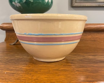 Watt ovenware bowl, #7, yellow ware, pink and blue stripe