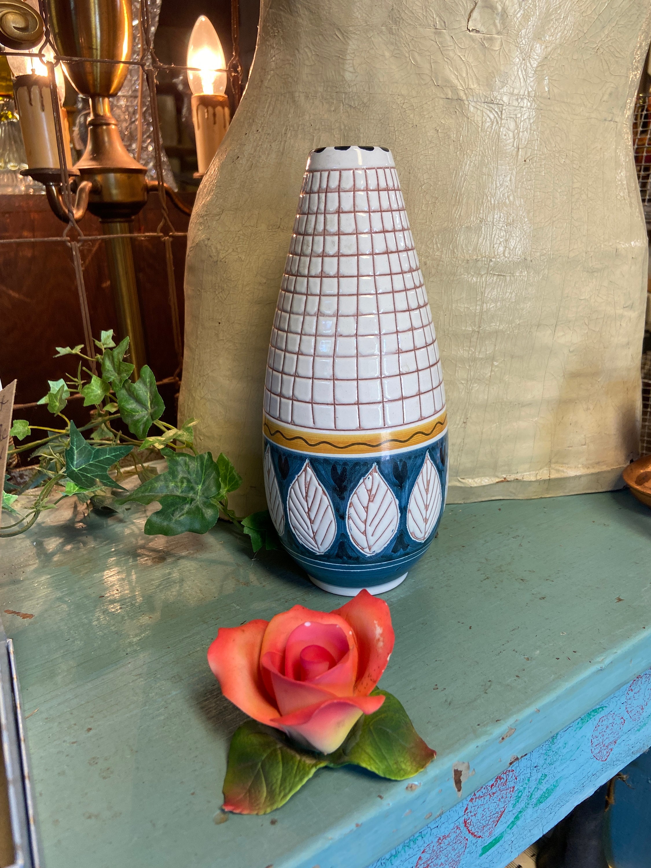 Mid Century Modern Norwegian Pottery Vase, Geometric Square Grid