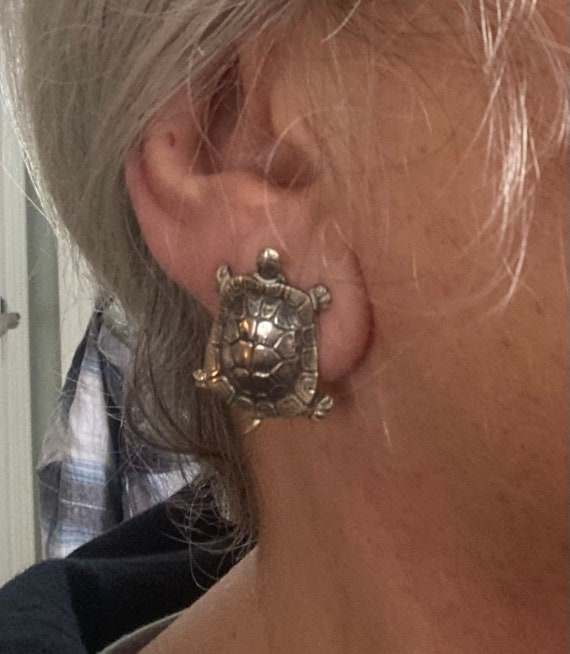 Sterling silver turtle earrings, clip on, Turtle … - image 2