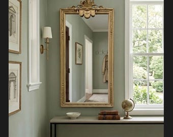 Hand Carved Gilt Wood Wall Mirror – Rectangular Louis XV Style with Ornate Crest