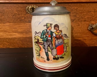 Thewalt Beer stein, German porcelain and pewter beer stein, signed, hand painted couple, Working woman, gift for him