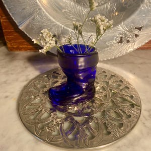 Vintage cobalt blue boot, toothpick holder, shot glass, blue glass, collectible glass, tiny vase, window decor