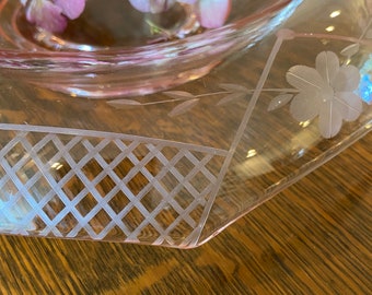 Etched Pink Depression Glass Console Bowl, Floral Lattice Centerpiece