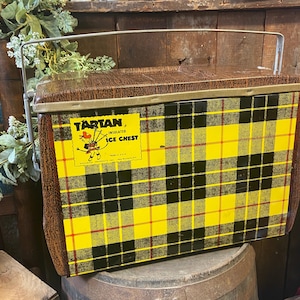 Vintage cooler, Tartan metal ice chest, Yellow and black plaid