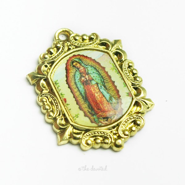 Enamel Our Lady of Guadalupe Medal, 20x16mm Hexagon Shaped, Gold Finish, #B103